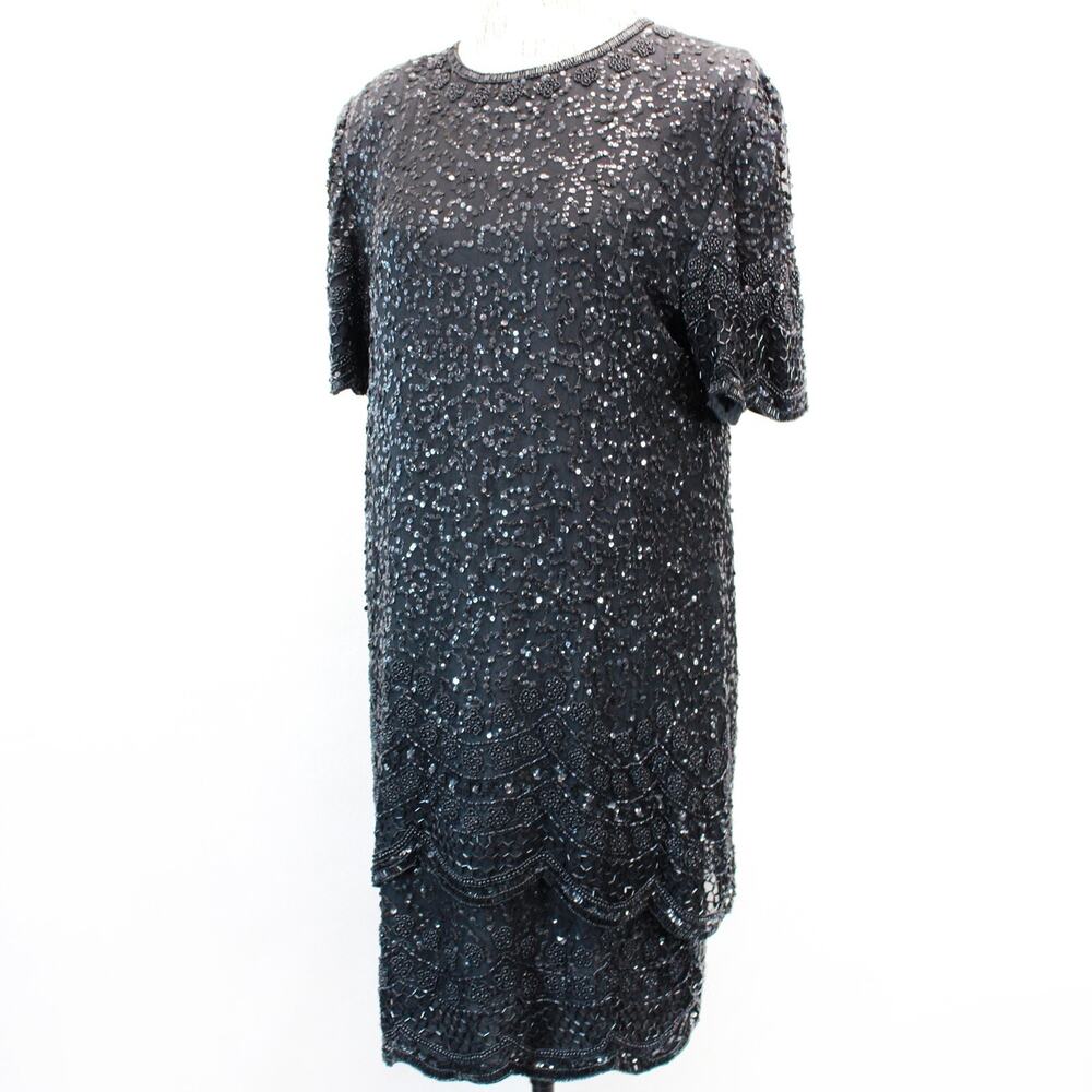 Lauren Kazar Great Gatsby vintage 80's silk chiffon beaded evening dress Medium